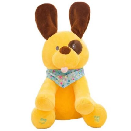 Jucarie catel Cucu-Bau, de plus moale interactiv care canta si vorbeste, galben, 26 cm