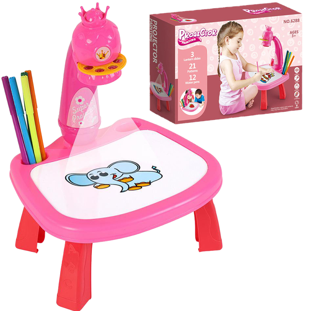 1ec54610f59ee25a9f021a4635ec4847.jpg Jucarie educationala tip tabla, masuta de desenat cu proiector, cu hologram, 3 discuri cu 21 sabloane si 12 carioci pentru copii, model printesa roz AYDE - imagine 1