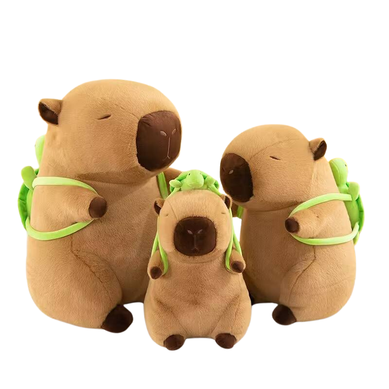 20e4059633a7615b74b3b6f18ca16954.png Set 3 jucarii de plus pentru copii, Capibara Family cu rucsac in forma de broasca testoasa, material fin, 25, 35, 45 cm, Maro, 3+ - imagine 1