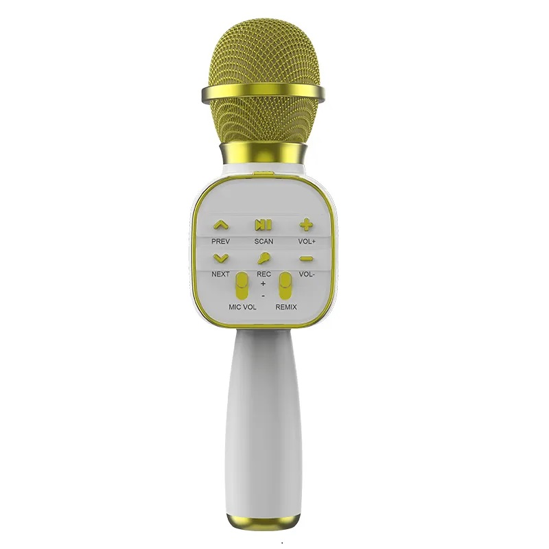 3bddd8d2d1faaa5086eedb3b95c819ac.jpg Microfon Wireless fara fir, acumulator incorporat, boxa inclusa, sistem karaoke, FM radio, TF card, USB, inregistrare muzica, Culoare Gold - imagine 1