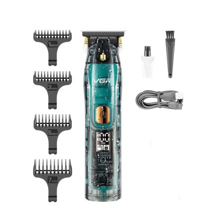 Aparat de tuns V961, VGR, Afisaj LED, USB, Portabil, 4 Capete, Albastru