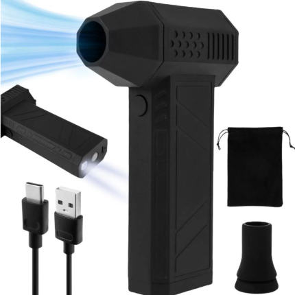 Turbo suflanta portabila cu aer comprimat, 3 viteze de functionare, motor cu viteza de 130000 RPM, lumina LED pentru precizie, nivel redus de zgomot, 2 capete detasabile, incarcare USB, negru