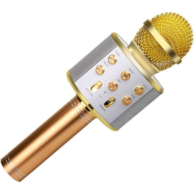 8c0c4904efe8737a2d9f7e4a3075989a.jpg Microfon Karaoke pentru copii, Wireless, Boxa integrata, Card SD, multifunctional, stereo, Auriu - imagine 1