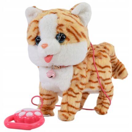 Jucarie interactiva, AYDE, plastic/plus, pisica cu lesa, merge, raspunde la atingere, alb/bej