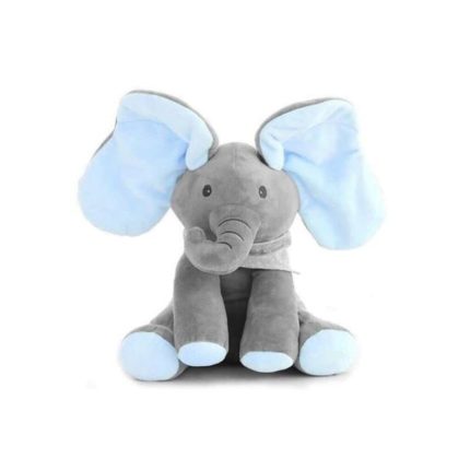 Jucarie Elefant Cucu-Bau , canta si isi acopera capul cu urechile, 30 cm, Gri/Albastru