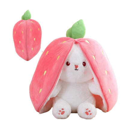 Jucarie de plus Iepuras , ascuns in leguma/fruct, cusaturi fine, rosu, 18cm